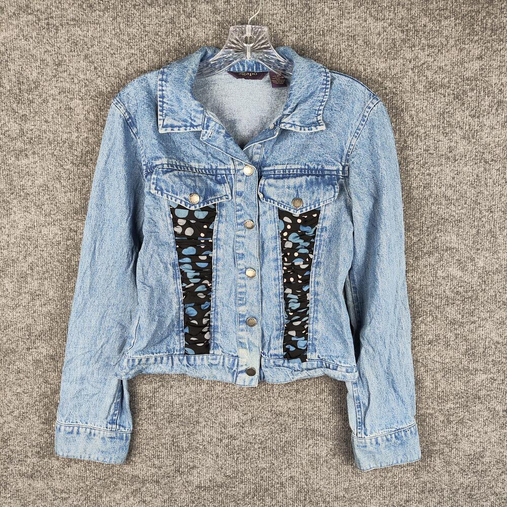 Agapo Denim Jacket Womens Small Blue Polka Dot Panel Cropped Snap Trucker Style